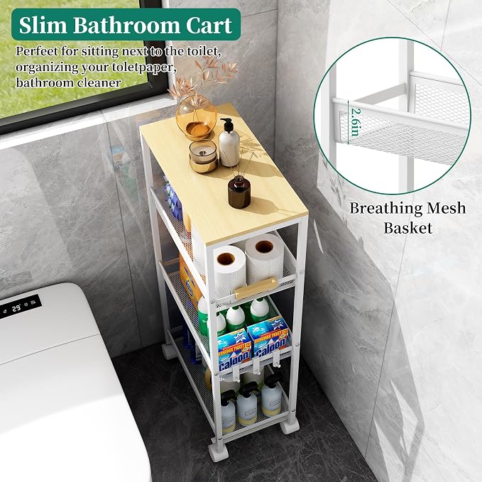 4-Tier Slim Utility Rolling Laundry Cart with Wheels, Easy to Assemble | 9.1" Wide for Narrow Spaces, Wood Top with Metal Frame, Mobile Storage Shelves for Bathroom, Kitchen, Office - Image 6