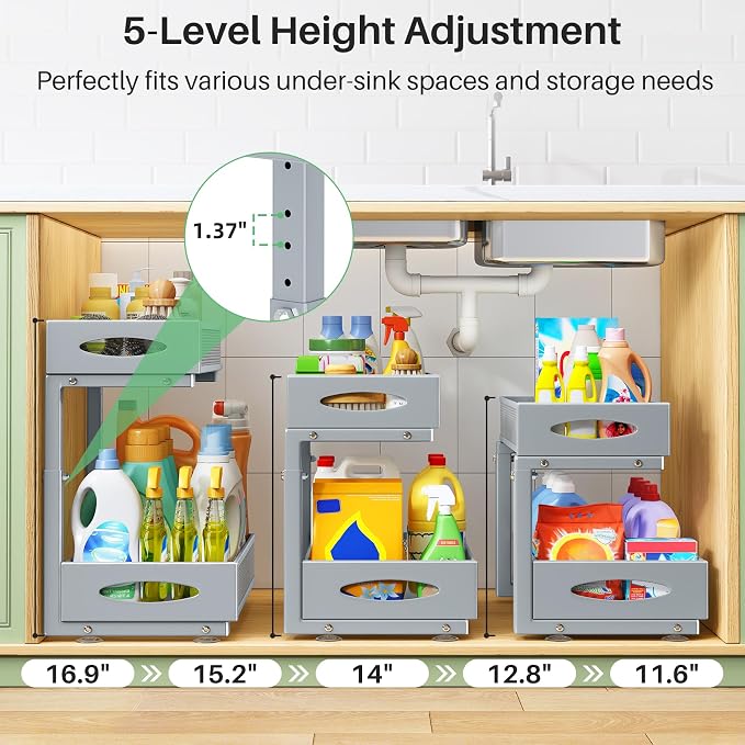 2 Pack Under Sink Organizer, 2 Tier Pull out Cabinet Organizer Mesh Baskets with 5 Adjustable Heights, Sliding Drawers Storage Shelf for Home, Kitchen, Bathroom, Pantry, Office, Countertop ,Grey - Image 4