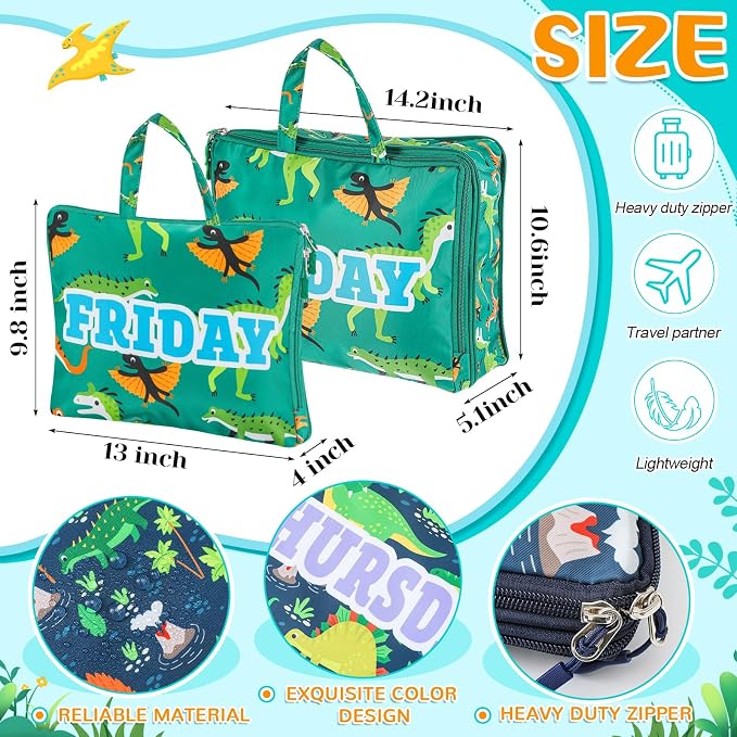 Paterr 7 Pcs Days of Week Packing Cubes for Travel Compression Packing Cubes for Kids Summer Camp Daily Outfit Suitcase Organizers Zippered Storage Bag for Cruise Vacation Essentials(Dinosaur) - Image 2