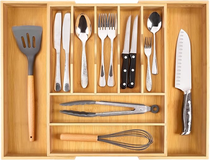 Bellsal Large Premium Bamboo Silverware Organizer - Expandable Utensil Drawer Organizer - 17"x19.6" Utensil Holder and Cutlery Tray with Grooved for Kitchen Flatware and Utensils Mother's Day Gift - Image 8