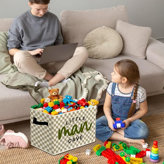 Boys Nursery Inspirational Storage Bins Box with Handles Organizer Basket | positive foldable basket for organizing, neutral gingham collapsible toys clothes for playroom toddler bedroom, 10x14 in - Image 4