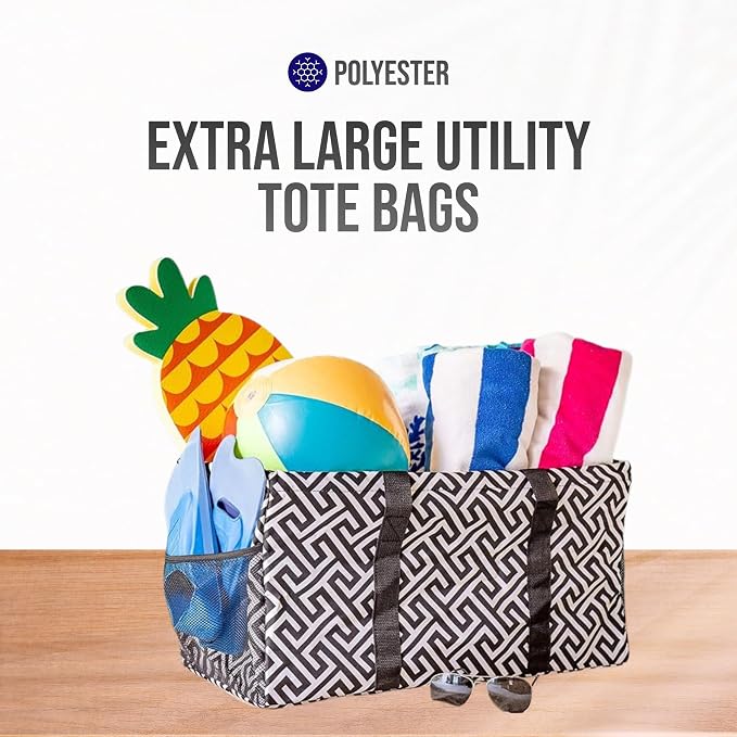 Extra Large Utility Tote Bag - Oversized Collapsible Reusable Wire Frame Rectangular Canvas Basket With Two Exterior Pockets For Beach, Pool, Laundry, Car Trunk, Storage - Geometrc Black - Image 7