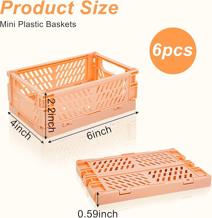 6 Pack Mini Foldable Small Plastic Baskets for Organizing and Storage，Collapsible Storage Crates,Mini Bins for Home Kitchen Bedroom Bathroom Office (Orange, Small 6x4x2.2) - Image 2