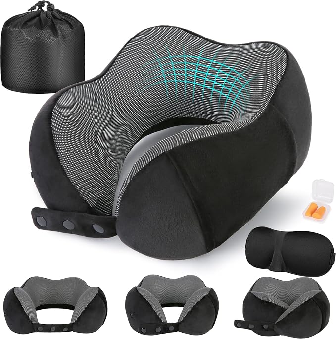 Cirorld Neck Pillow for Traveling, Travel Pillows for Airplanes,100% Pure Memory Foam Travel Neck Pillow, Adjustable Flight Pillow, Portable Plane Accessories with Eye Mask, Earplugs, Carry Bag by CIRORLD