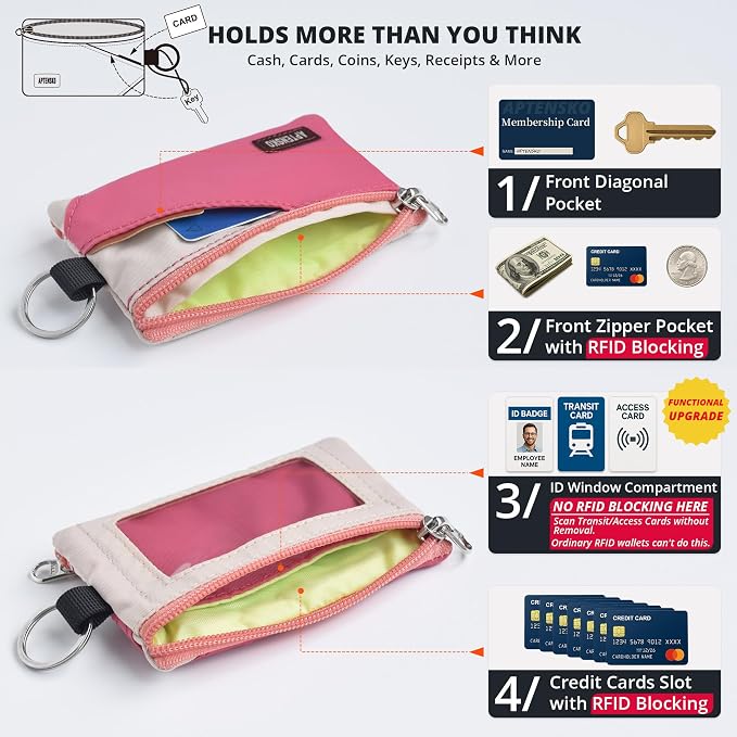 RFID Blocking Travel Wallet with Adjustable Lanyard, Small Nylon Zipper Pouch and Badge Holder for ID, Credit Cards, Cash, Keys, Commuters (Pink+Almond) - Image 6