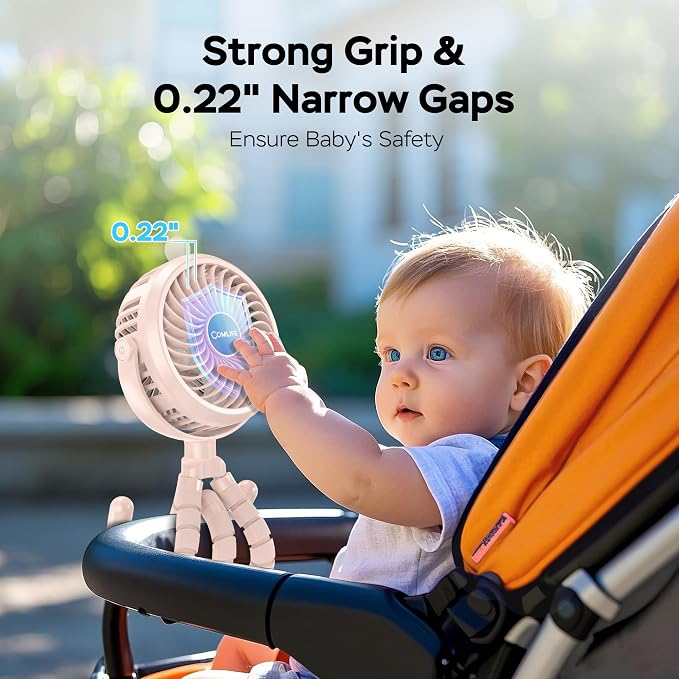 COMLIFE Baby Stroller Fan With Light, Rechargeable Battery Operated, Max 10Hrs Cooling, 3 Speeds, 360° Rotate USB Desk Fan, Flexible Tripod Clip On Fan for Stroller Car Seat Crib Treadmill Golf Cart - Image 6