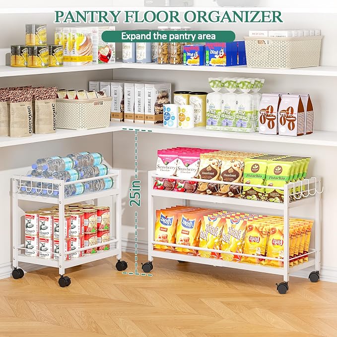 2 Pack 2-Tier Expandable Rolling Pantry Cart with Wheels, Adjustable Floor Organizer for Kitchen Pantry, Can Organizer for Pantry, Storage Cart for Snack, Food, Vegetables, White, Patent Pending - Image 4