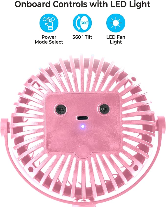Comfort Zone Portable Stroller Fan, Pink | Rechargeable Battery Operated, Clip-On with 360° Flexible Tripod, LED Light, 3-Speed Cooling - Image 8
