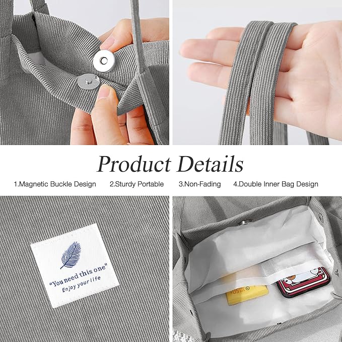 LHMTQVK Corduroy Tote Bags for Women, Large Capacity Tote Purse Reusable Grocery Shoulder Bag with Inner Pockets - Image 2