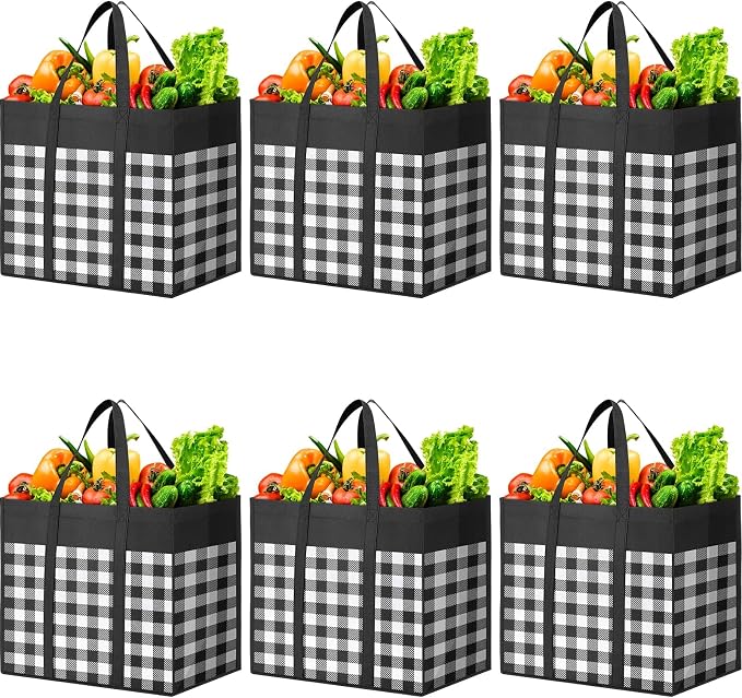 WOWBOX Reusable Grocery Bags, Foldable Reusable Shopping Tote Bags | 6-Pack Large Storage Bags bulk with Reinforced Handles and Water Resistant Coating for Groceries,Multipurpose,Black-White by WOWBOX