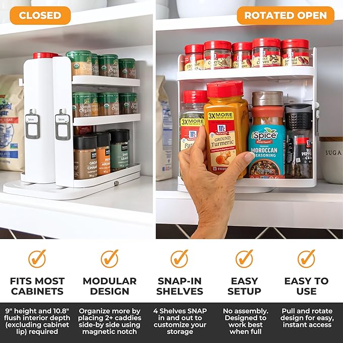 Spice Rack Organizer for Cabinet, 4 Adjustable Shelves | 4 Snap-In Adjustable Shelves, 8.9"H x 6.1"W x 10.8"D, Magnetic Modular Connect, Pivot-Up Shelves, Small Things Tray, No Tools - Image 3