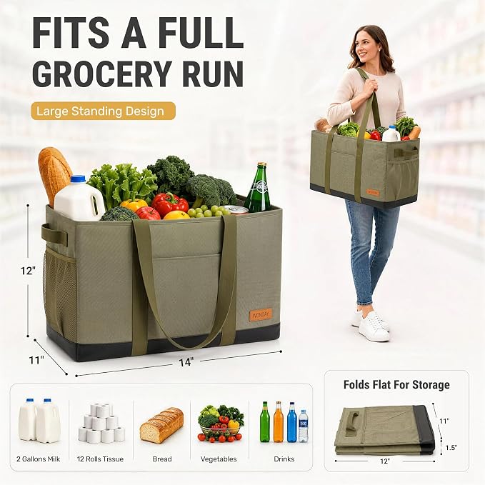 WONDAY X-Large Utility Tote Bag, Standing Reusable Grocery Bag | 22x11x13.5in, 50L capacity, holds 100lbs, collapsible, fabric with leather bottom, for beach travel storage - Image 2