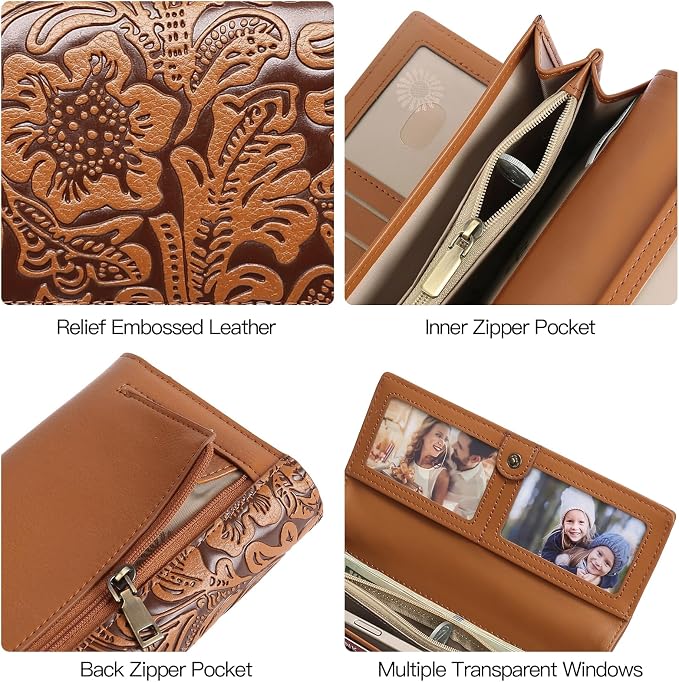 GOIACII Wristlet Wallets for Women RFID Blocking Western Clutch Brown | Embossed Leather, Vintage Design, Trifold, Large Billfolds, Ladies Purses with Zipper Coin Pocket - Image 7