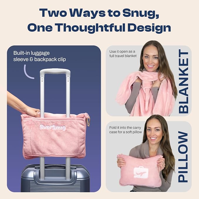 EverSnug Travel Blanket and Pillow - Premium Soft 2 in 1 Airplane Blanket with Soft Bag Pillowcase, Hand Luggage Sleeve and Backpack Clip (Light Pink) - Image 2