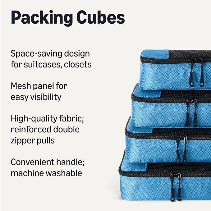 Amazon Essentials 4-Piece Packing Cubes Travel Accessories Set, Luggage Organizer with Double Zipper, Mesh Top, Space-Saving, Medium, Sky Blue (Previously Amazon Basics) - Image 2