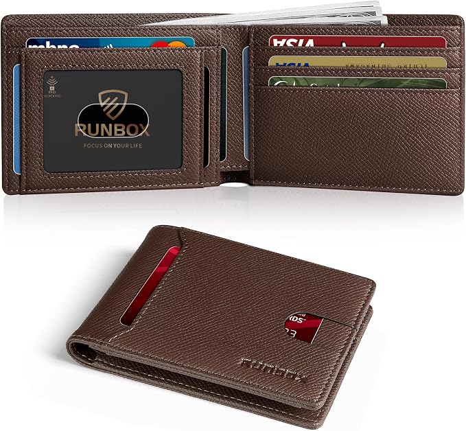 RUNBOX Wallet for Men, Slim Leather Bifold, RFID Blocking Card Holder | Minimalist Front Pocket Design, Credit Card Organizer, Holds 11 Cards, Large Capacity, Thin Profile, Birthday Gifts for Men by RUNBOX