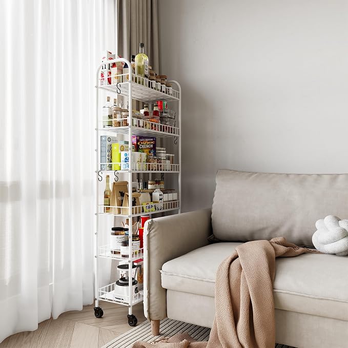 6 Tier Slim Rolling Storage Cart with Wheels, Metal Mobile Shelving Unit Organizer Utility Cart for Office Bathroom Kitchen Laundry Room Narrow Places (White 10 Inches) - Image 8
