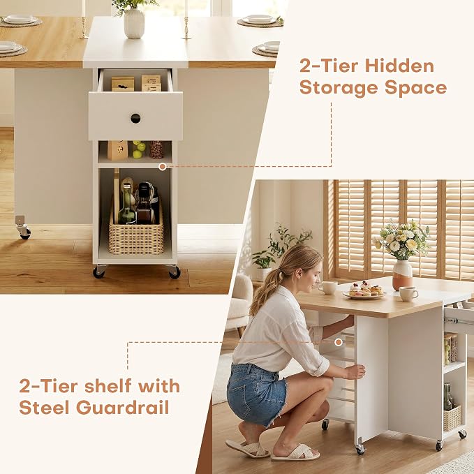 Jocoevol Folding Dining Table for Small Spaces, Foldable Kitchen Table with Drawer, 2-Tier Storage Shelf & Wheels, Space Saving Dining Table for 2 4, Farmhouse, Natural - Image 8