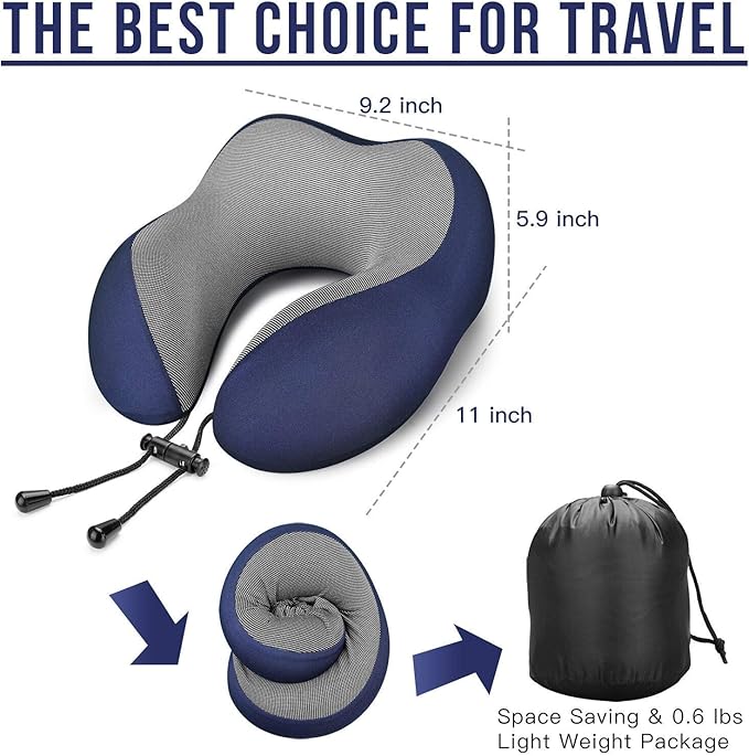 MLVOC Neck Pillow for Traveling, Upgraded 100% Pure Memory Foam Travel Neck Pillow for Airplane Flight Sleep, Breathable & Machine Washable Cover, Travel Kit with 3D Eye Mask, Earplugs & Bag, Blue | memor foam - Image 5