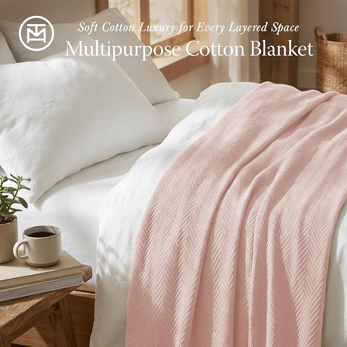 Threadmill Luxury Cotton Blankets for Queen Size Bed | All-Season 100% Cotton Queen Size Blanket | Herringbone Cozy, Soft Breathable Fall Thermal Blanket fits Full Size Bed | English Rose | 100% Cotton, Herringbone Pattern, 90x92 in, Breathable, All-Se... - Image 2