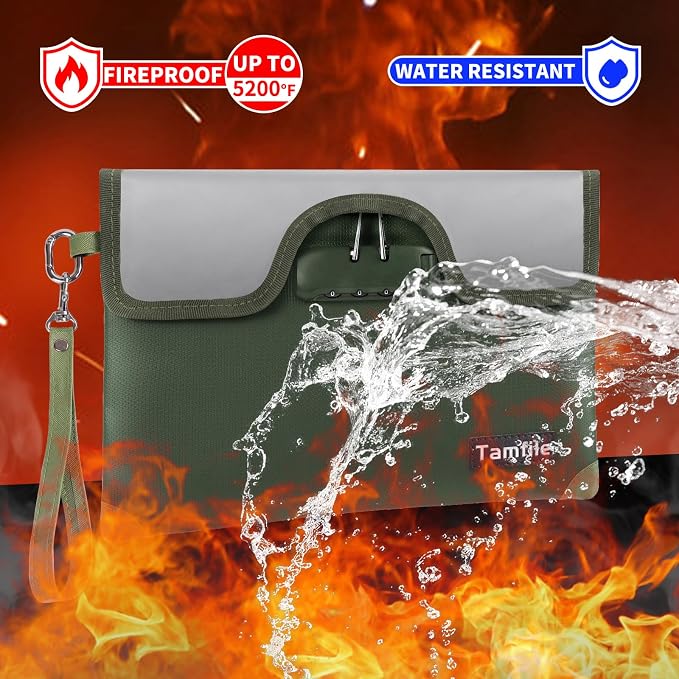 5200°F Fireproof Money Bag with Lock, Water Fireproof Document Bag with Zipper, 8 Layers Fire Insulation, Small Fireproof Safe Storage Pouch with Lock for Cash, Passport, (8.3" x 11", Green) - Image 4