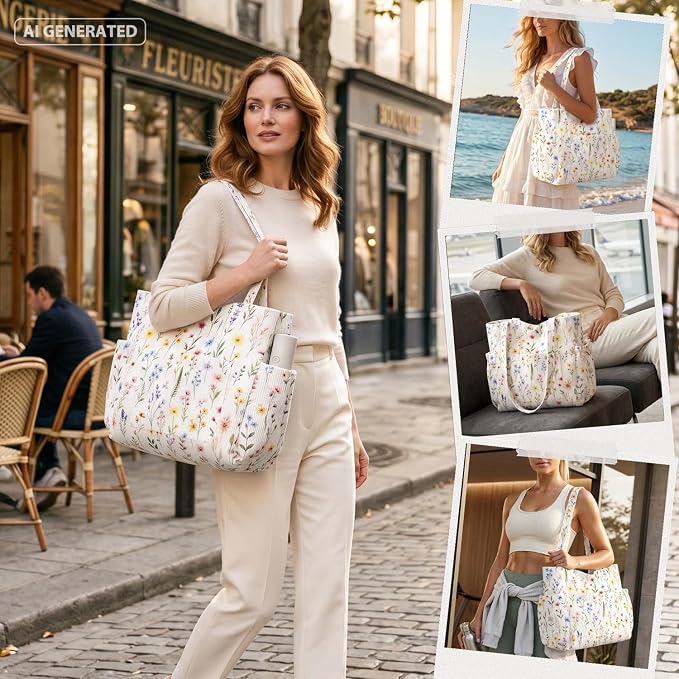 Corduroy Tote Bag for Women,Large Capacity Cute Tote Bags With 6 Pockets,Crossbody Shoulder Handbag for Work Travel Gym - Image 2