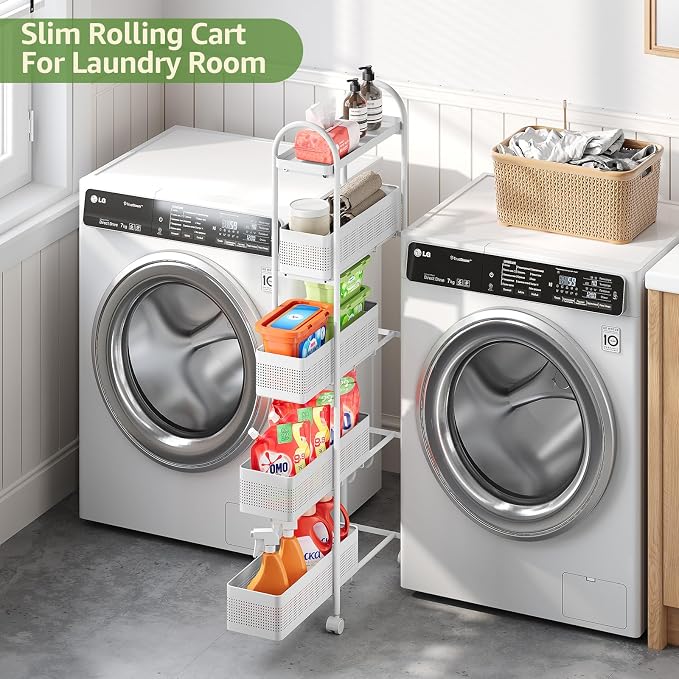 KINGRACK 5 Tier Slim Rolling Cart with Drawer, Metal Utility Storage Cart | 4 Pull-out Baskets, Lockable Wheels, Narrow Space Trolley Organizer for Bathroom, Kitchen, Office, Dorm, Laundry Room, White - Image 2