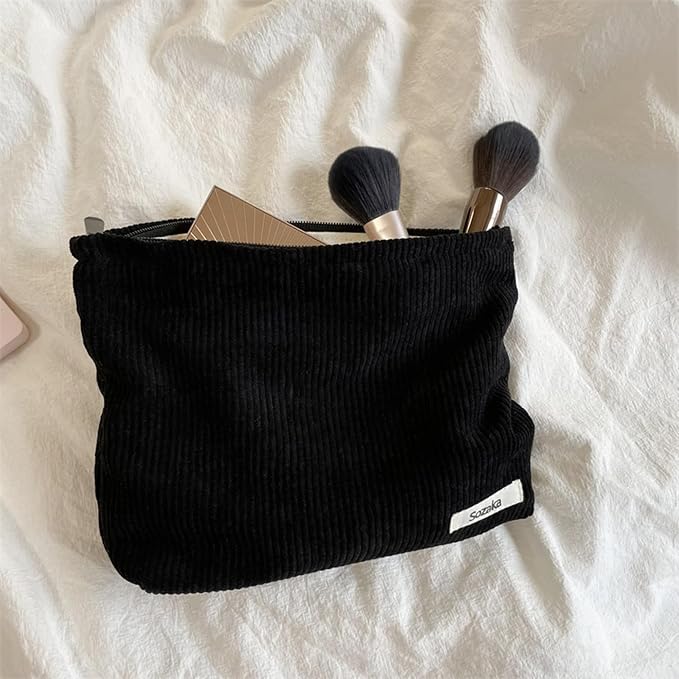 Cosmetic Bags for Women - Corduroy Cosmetic Bag Aesthetic Women Handbags Purses Smile Dots Makeup Organizer Storage Makeup Bag Girls Case Bags (Pure Black) - Image 4