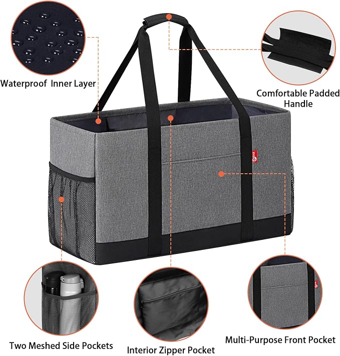 Extra Large Utility Tote Bag, Foldable Reusable Grocery Bags with Metal Wire Frame & Reinforced Bottom Board, Stand Up Large Utility Tote for Shopping, Beach Bag, Laundry, Car (Grey) - Image 5