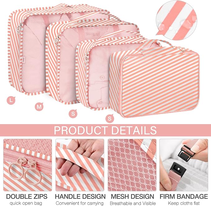 KPX 8 Set Packing Cubes for Travel, Luggage Packing Organizers Accessories Large Toiletries Bag for Clothes Shoes Cosmetics (Pink Strips) - Image 3