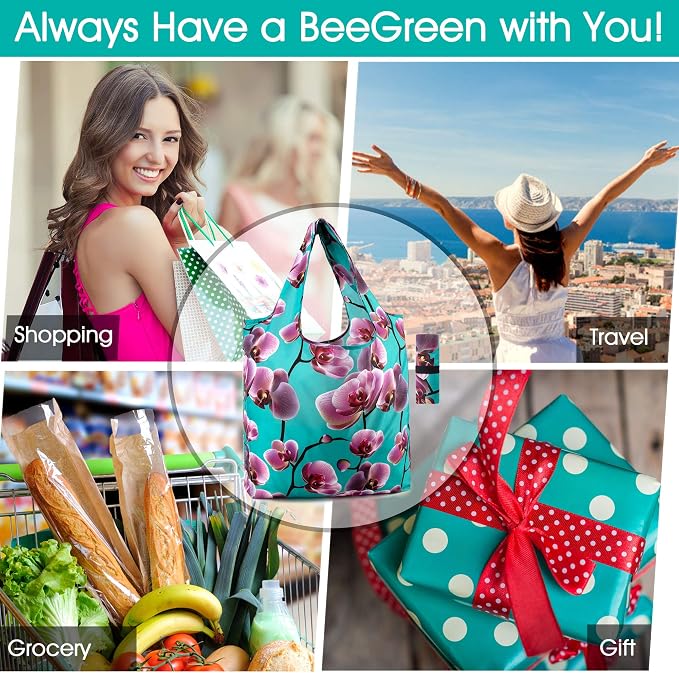 BeeGreen 10 Pack Washable Floral Grocery Bags for Shopping Reusable Tote Bags Extra Large 50LBS Cute Flower Design Foldable Reusable Bags for Women Men Lightweight Durable - Image 7