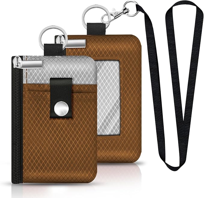 Minimalist RFID Blocking Small Wallet with ID Window,WaterResistant Zip Id Case Wallet with Lanyard Keychain for Cards,Cash,Travel,Women,Men (Brown/Light Grey) by CCUMI