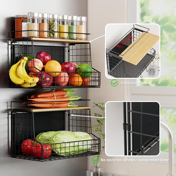 TIDIIABODE Magnetic Shelf for Fridge 2 Pack, Large Container Magnetic Spice Rack for Refrigerator, Fruit Potato and Onion Storage Bins, Magnetic Basket with Wood Lid, Kitchen Counter, Cabinet - Image 2