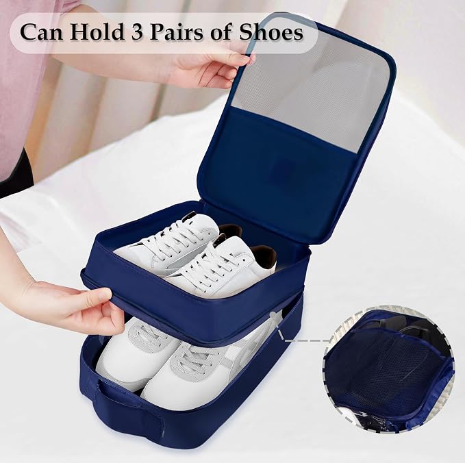 Travel Shoe Bag Waterproof Shoe Organizer Bag Holds 3 Pair of Shoes Shoe Packing Cube for Suitcase Travel and Daily Use Storage Pouch with Handle (Navy Blue) - Image 3
