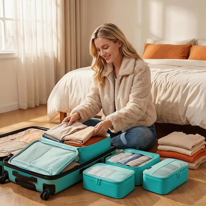 4 Piece Compression Packing Cubes for 3–7 Day Travel, Space Saving Travel Organizers with Breathable Mesh, Double-Zipper Packing Cubes for Carry-On & Suitcases (Teal) - Image 6