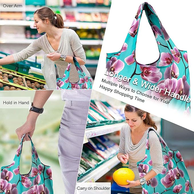 BeeGreen 12 Packs Flower Reusable Grocery Bags Reusable Tote Bags Extra Large 50LBS Cute Floral Design Foldable Reusable Bags for Women Men Lightweight Durable - Image 2