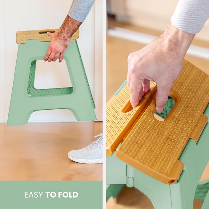 Vigar Compact Folding Step Stool, 12-1/2 in, Green Bamboo Print | 12-1/2 in Foldable Stool, Lightweight Portable Design, Handle, Non Slip Surface, Space-Saving, Supports up to 330 lb - Image 8