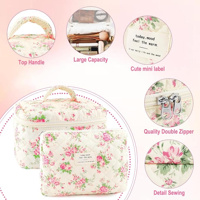 URSKYTOUS 2Pcs Cotton Quilted Makeup Bag for Women Extra Large Small Travel Cosmetic Bag Set Cute Pink Floral Print Makeup Pouch Portable Toiletry Bag Organizer Coquette Vintage Puffy Travel Essential - Image 2
