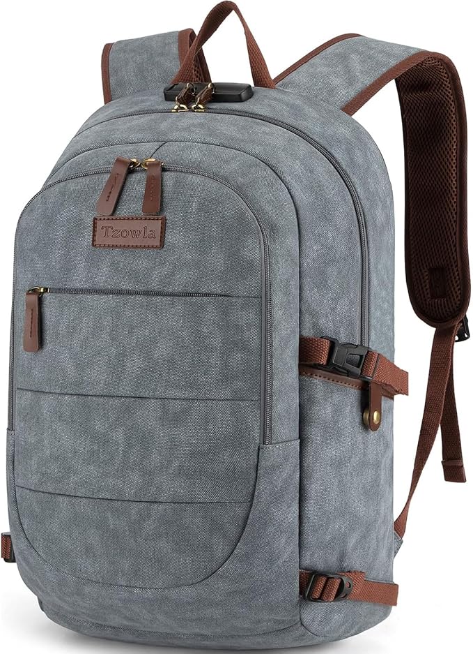 Tzowla Canvas Laptop Backpack-Anti Theft Bag for Men Women,Rucksack Fits 15.6Inch Laptop, Work Travel Bookbag with Lock by Tzowla