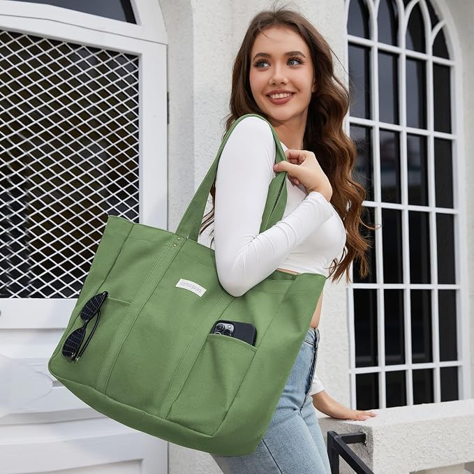 HOMESPON Large Canvas Tote Bag, Magnetic Work Laptop Pack for Women | Everything Bag, Multi Pockets, Internal Laptop Sleeve - Image 2