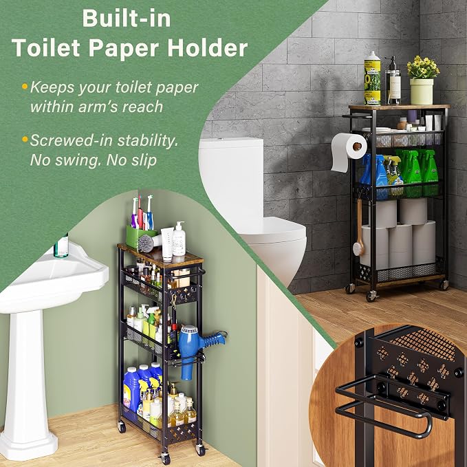 OKZEST Slim Bathroom Organizers and Storage Cart with Toilet Paper Holder | Upgraded metal hub casters, 4-Tier space-saving narrow rolling cart, Premium wood & metal mesh shelves, Holds tall bottles - Image 3