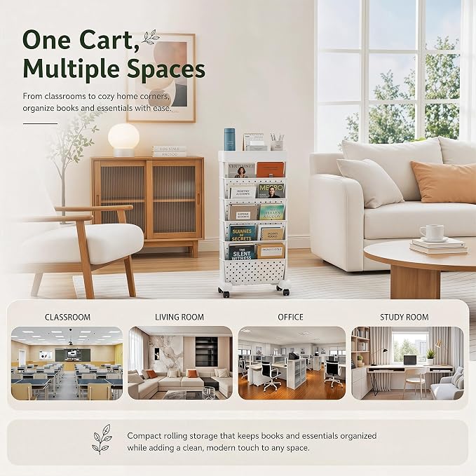 BYFU 6-Tier Rolling Bookshelf Cart, White | Movable with Wheels, File Paper Storage Organizer, For Home Office Study Classroom - Image 6