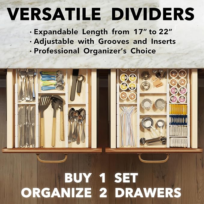 SpaceAid Bamboo Drawer Dividers with Inserts and Labels, Kitchen Adjustable Drawer Organizers, Expandable Organization for Home, Office, Dressers, 10 Dividers with 24 Inserts (17"-22" White) - Image 5
