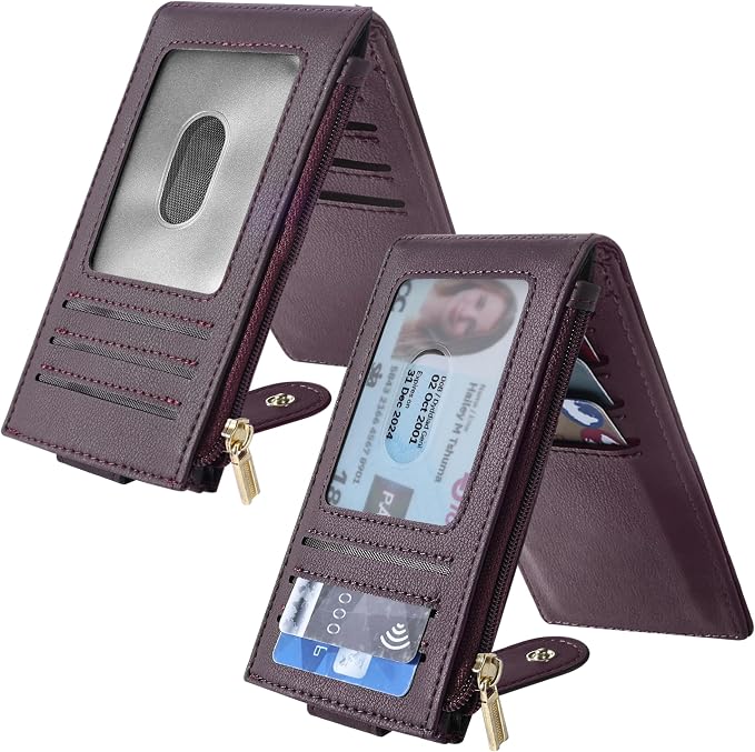 Chelmon Women's RFID Slim Card Holder Wallet | Thin Bifold Multi Card Case with Zipper Coin Pocket Purse for Women(Wine Red) - Image 2