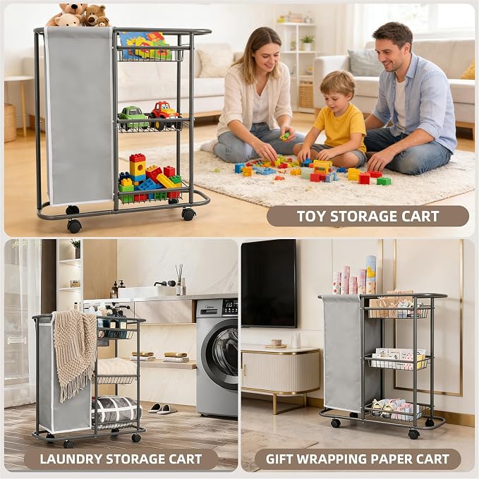 Rolling Laundry Sorter with 3 Storage Baskets and 45 L Bag | 3-Tier Laundry Caddy, Between Washer and Dryer, With Wheels and Handle, For Narrow Space Bathroom Apartment Dorm - Image 7