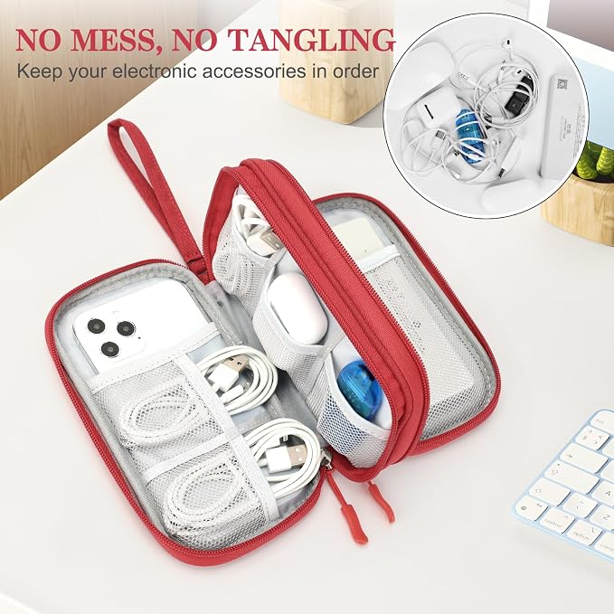FYY Electronic Organizer, Travel Tech Pouch Bag, Cable Organizer Red | Wrist Strap, Waterproof, Double Layers Portable Electronics Travel Carrying Case for Cord, Charger, Daily Business Trips Use - Image 5