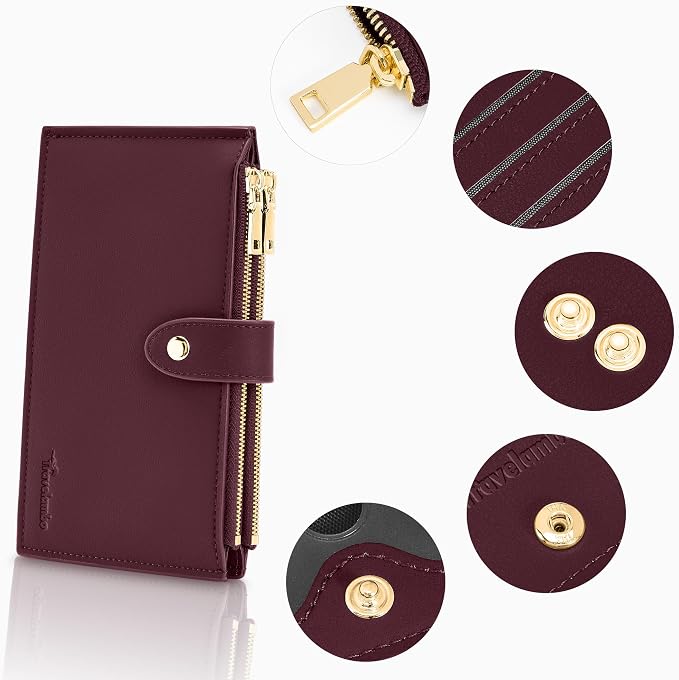 Travelambo Womens Leather Bifold Wallet, Slim RFID Blocking Card Holder | Large Capacity, 16 Card Slots & ID Window, 2 Zipper Pockets, Dual Snap Closure, Slim Lightweight, RFID Privacy Protection - Image 2