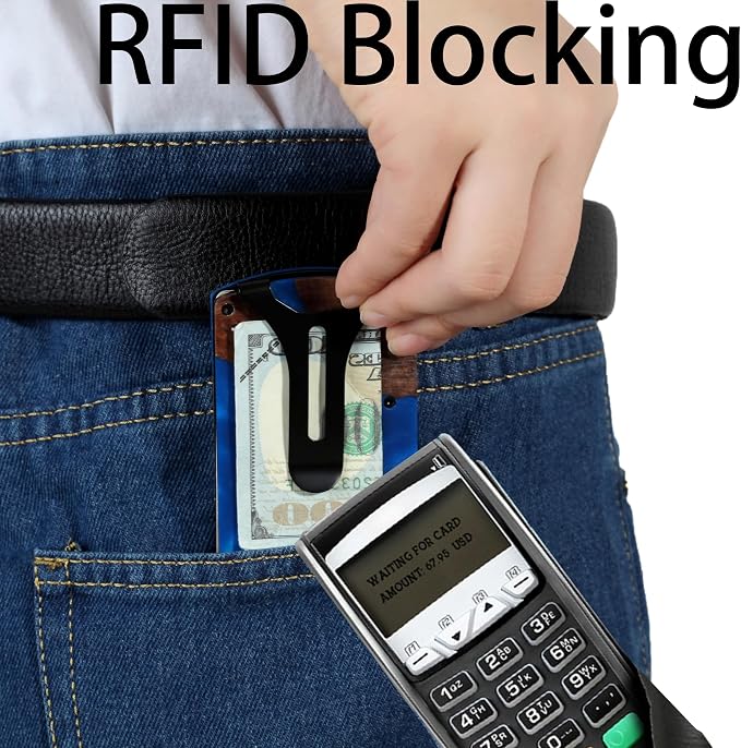 Minimalist Wallet for Men, Slim Metal RFID Blocking Wallet Credit Card Holder Money Clip & Cash Strap, Scratch-Resistant Holds 15 Cards,Ideal Gift for Men | Resin Wood, Unique Pattern ,Dark Blue - Image 4