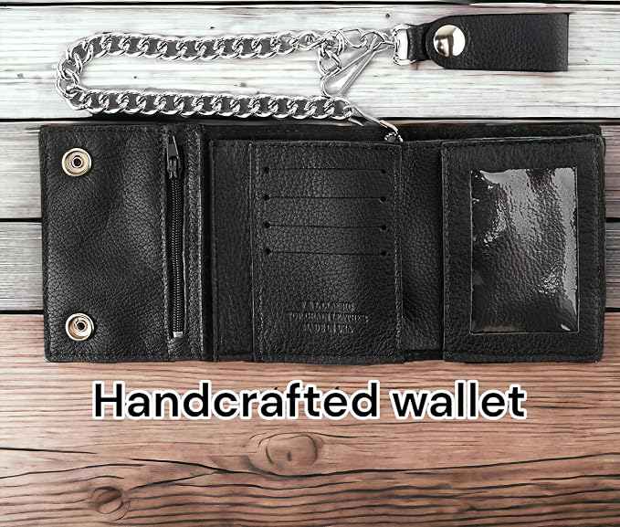 RFID Blocking Men's Tri-fold Vintage Biker Cowhide Leather Steel Chain Wallet,Snap closure, Made In USA,GL315,black - Image 3