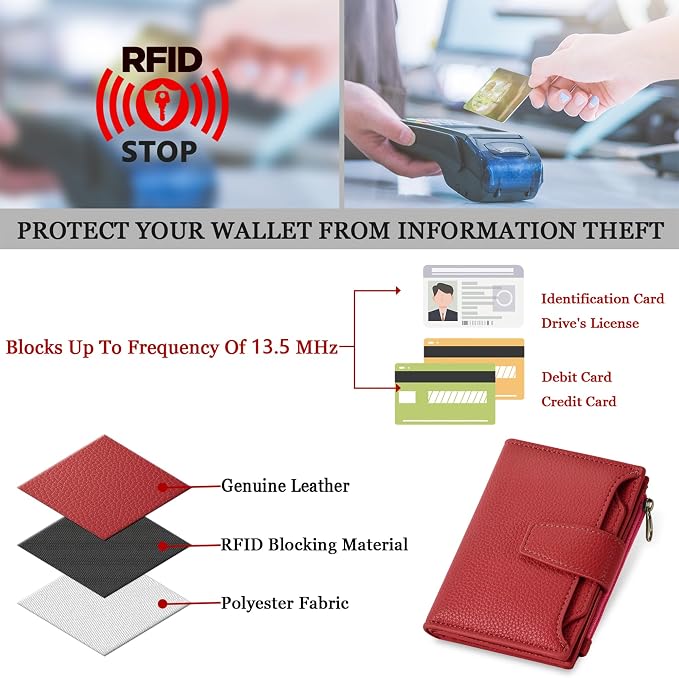 Small Wallet Women RFID Blocking Leather Bifold Compact Card Holder Wallet for Women with Zipper Coin Pocket 4 ID Window - Image 6